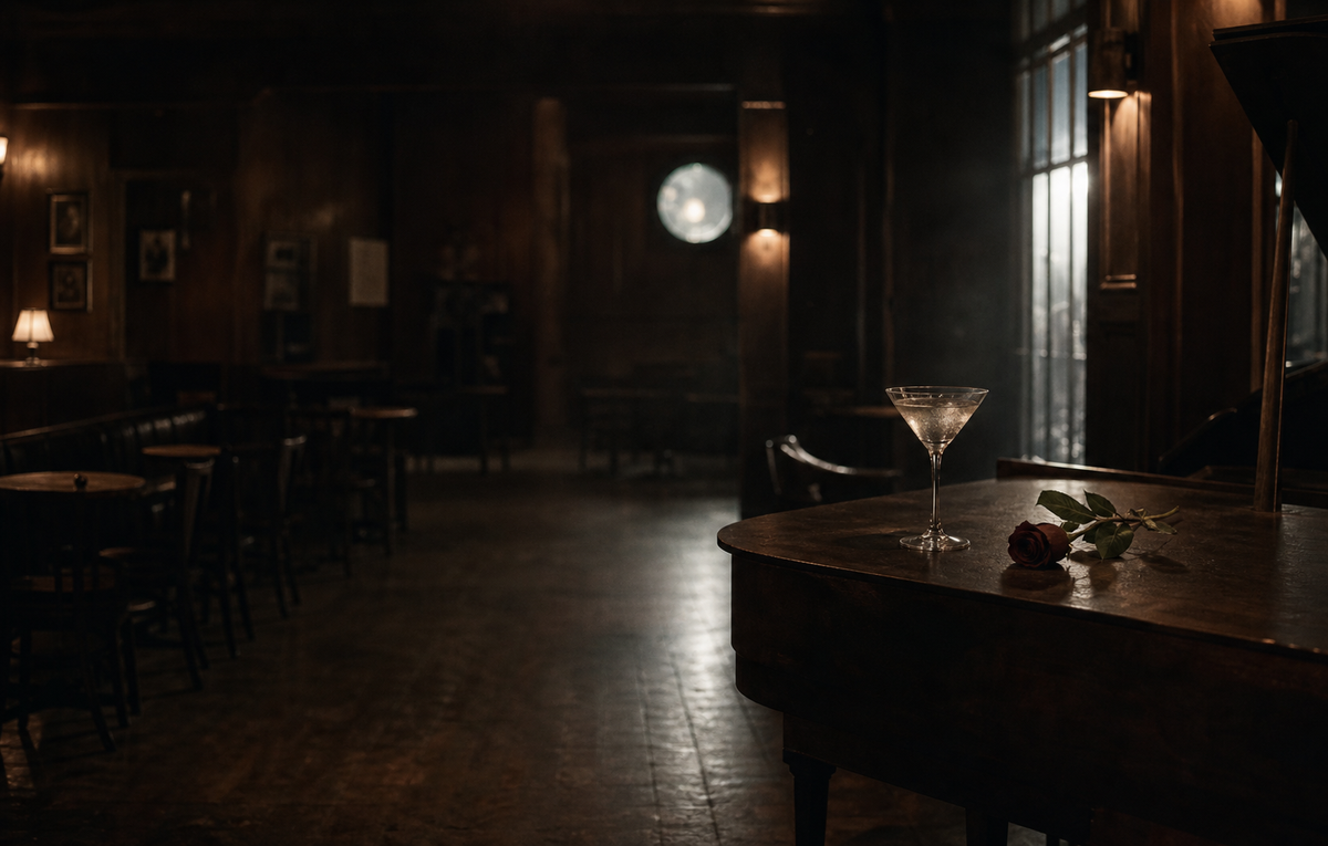 An empty jazz lounge with a martini and rose resting on a grand piano