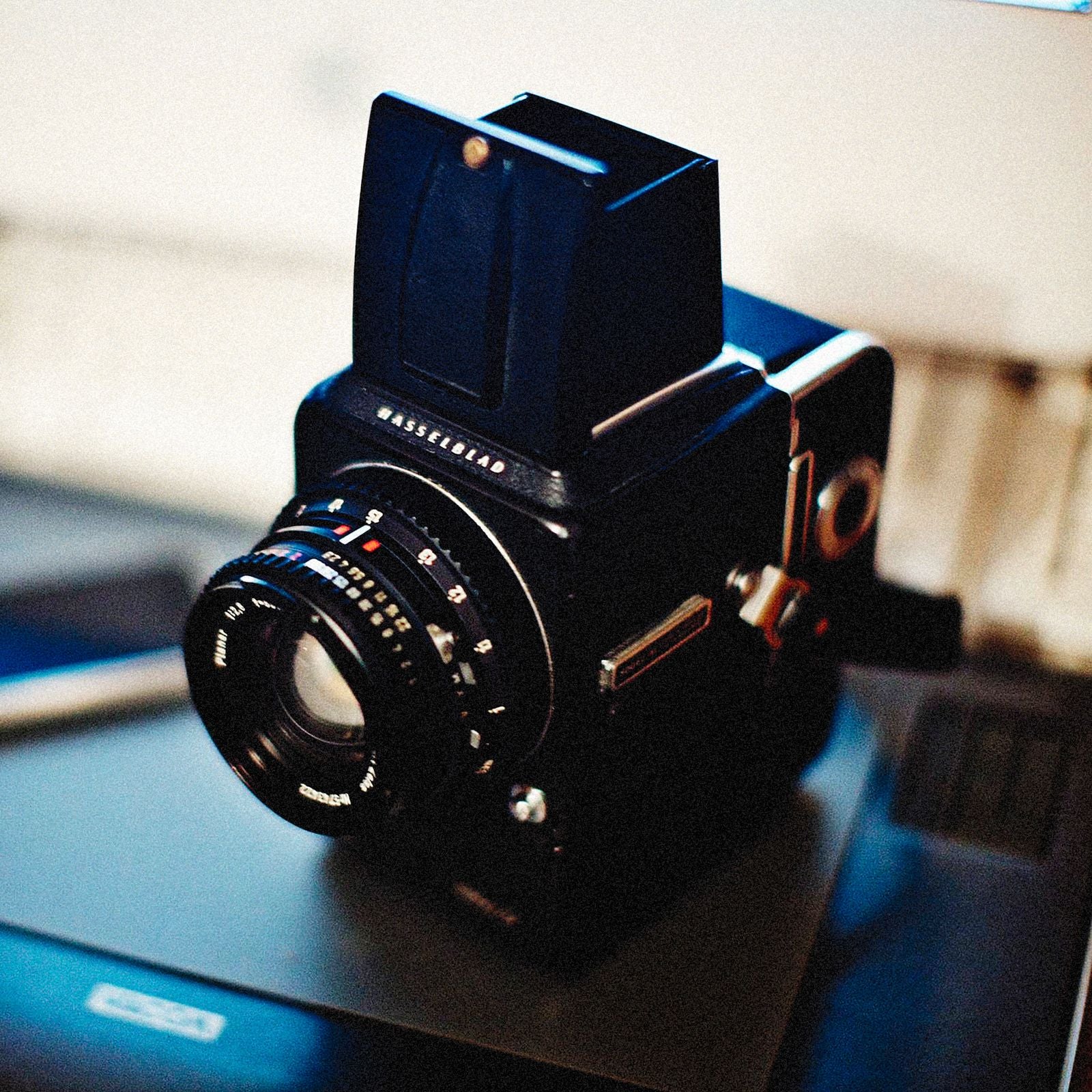 A medium format camera on a table
