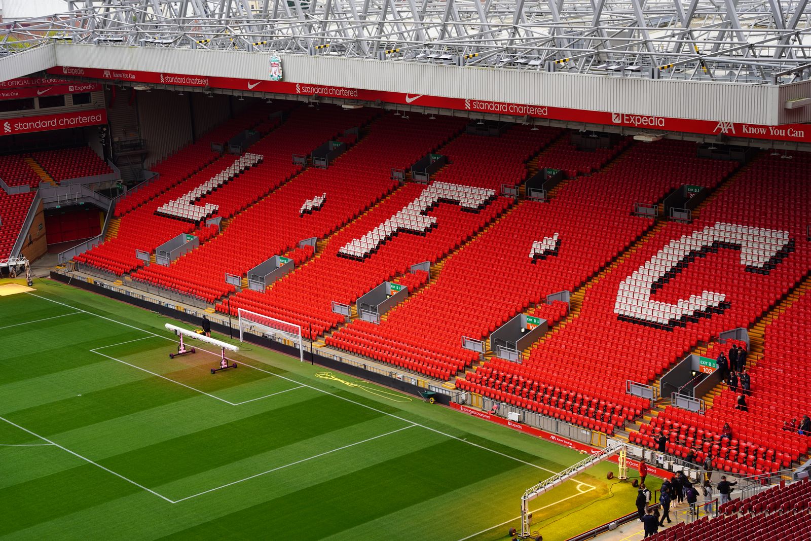 Anfield stadium seats spelling LFC in white