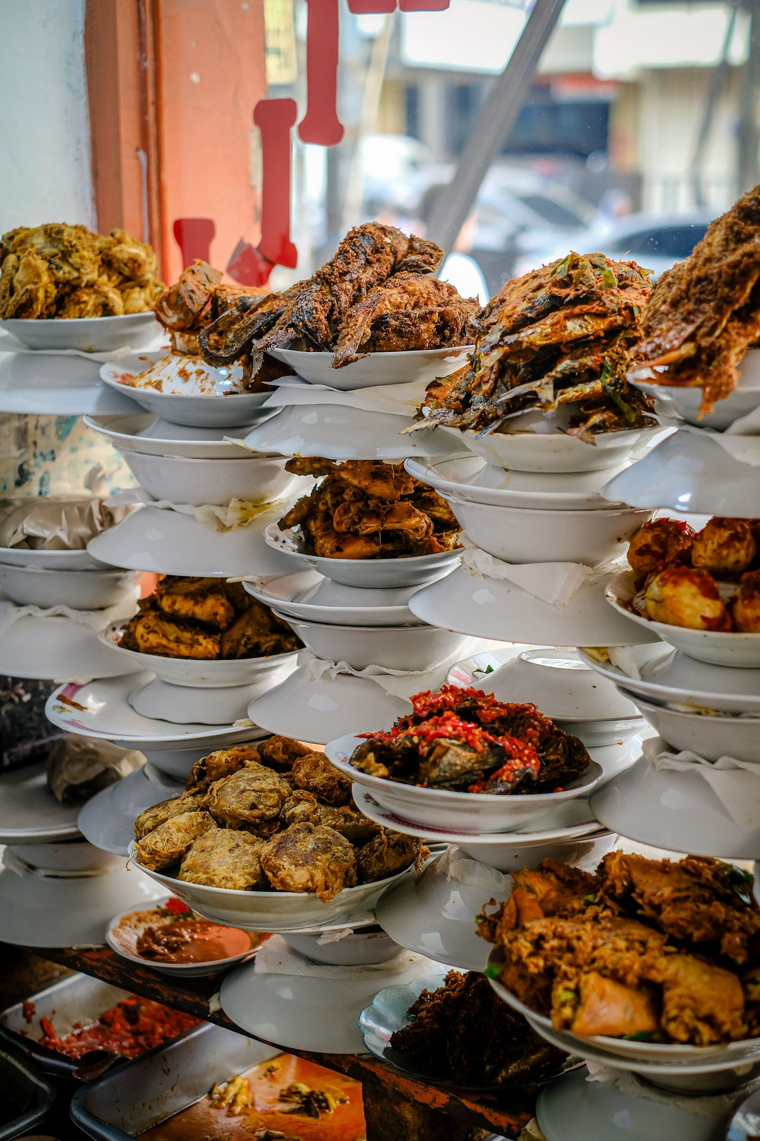 Padang cuisine displayed in a Jakarta restaurant