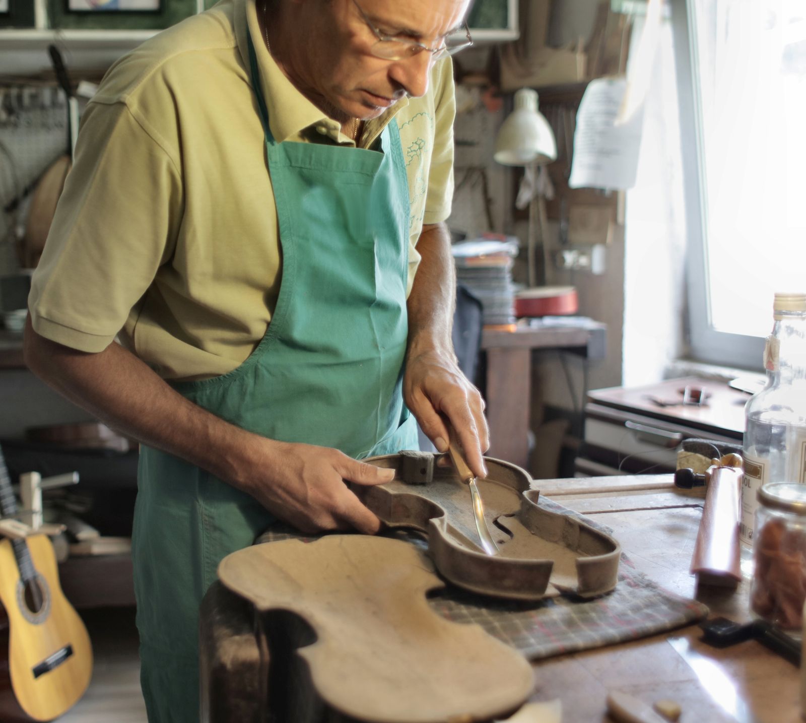 A violin being made in a workshop