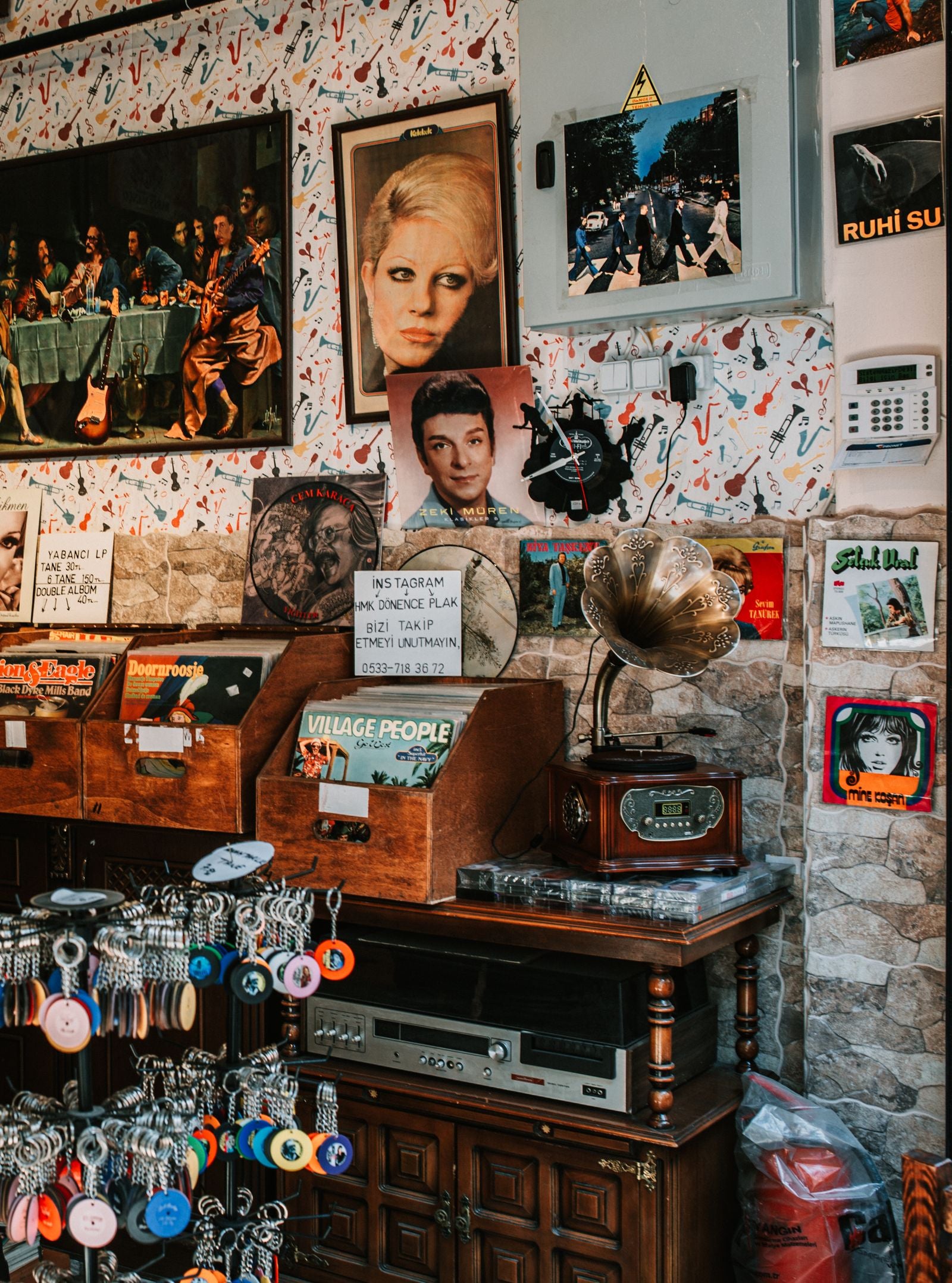 Crates of vinyl records in a record store