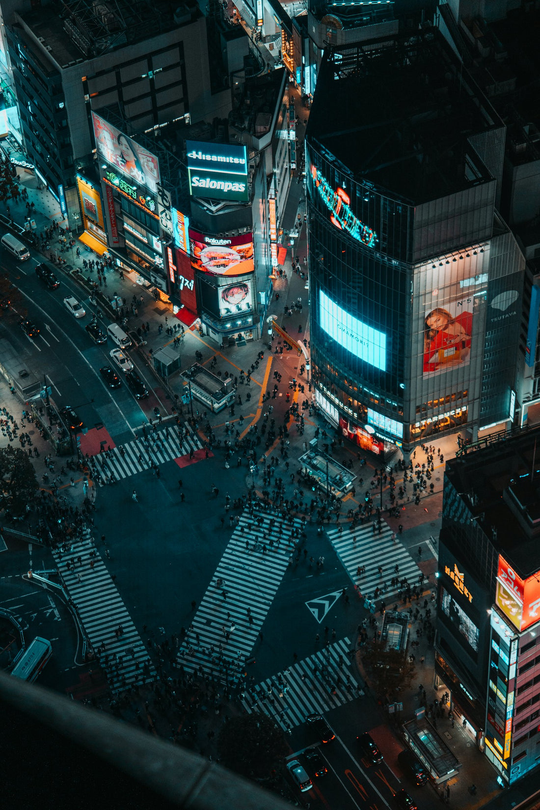 Shibuya crossing at night from above
